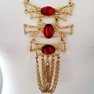 Vintage Long Statement Necklace w/ Ruby Red Cabochon Stones & Tassel Detail